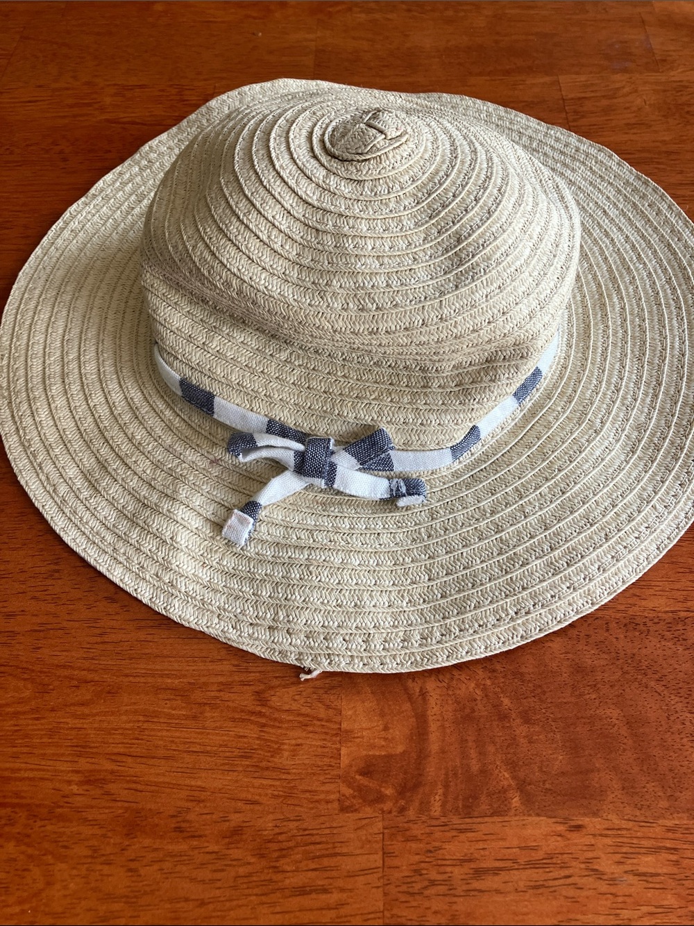 Wide Brim  Sun Hat with Blue-White Bow